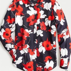 J. Crew Silk Button-down Blouse/Shirt, Navy w/ Red Poppy Print, NWT Sz 20.